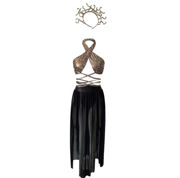 Unique Two-Piece Evening Set – Snake Print Tie-Front Top and Flowing Chiffon Skirt