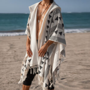 Ethnic Beach Poncho in Light Natural Textile Work