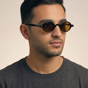 Small Round Sunglasses with Black Frame & Brown Lenses