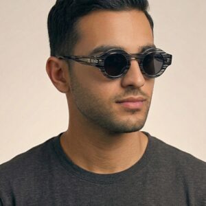 Round Black & Grey Tortoise Style Sunglasses with Black Lenses
