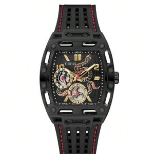 GUESS Black Snake Dial Chronograph Watch – Silicone Strap, Rhinestone Details, 30M Water Resistant