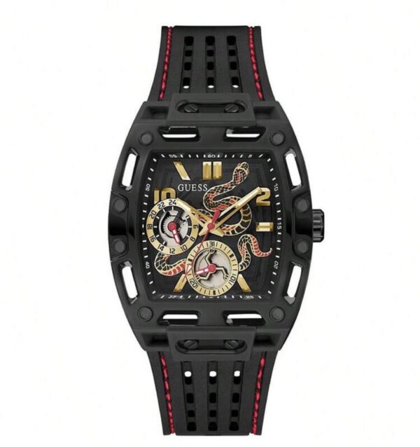 GUESS Black Snake Dial Chronograph Watch – Silicone Strap, Rhinestone Details, 30M Water Resistant