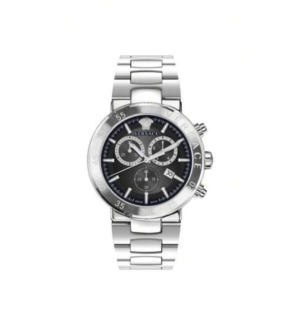Versace VEPY00520 Men’s Luxury Chronograph Watch – Black Dial, Silver Stainless Steel Strap