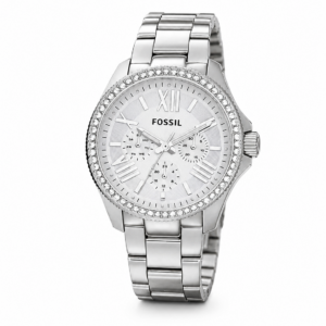 Fossil Silver Stainless Steel Watch – Crystal Bezel, Elegant Daily Timepiece, 30M Water Resistant
