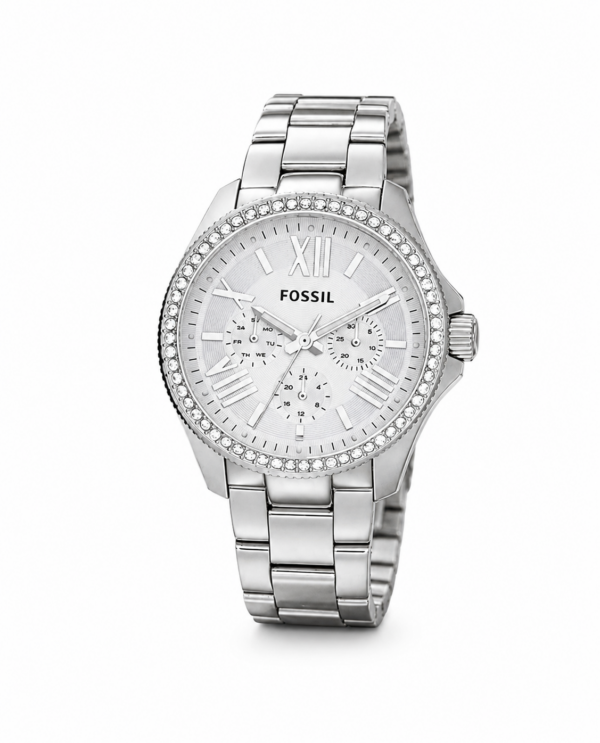 Fossil Silver Stainless Steel Watch – Crystal Bezel, Elegant Daily Timepiece, 30M Water Resistant